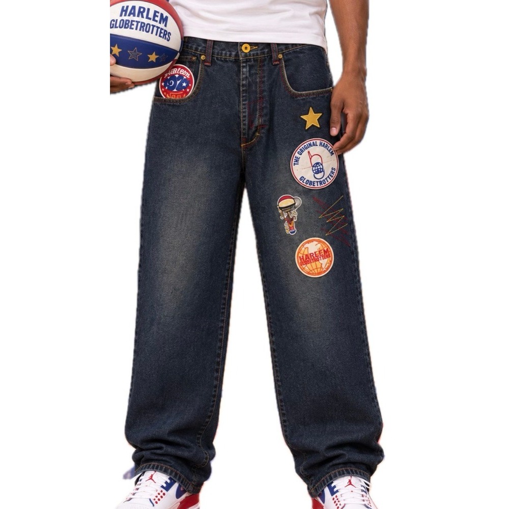 VTG Y2K FUBU Platinum Harlem Globe Trotters Patch Jeans. Men's Size 32x33